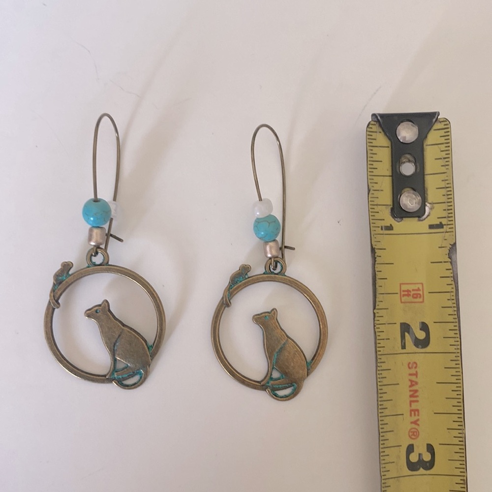 Boho Cat Dangle Earrings with Turquoise Accent - Picture 5 of 5